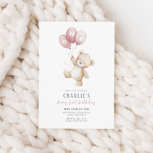 Convites Primeiro aniversario Beary First Pink Balloon Boy