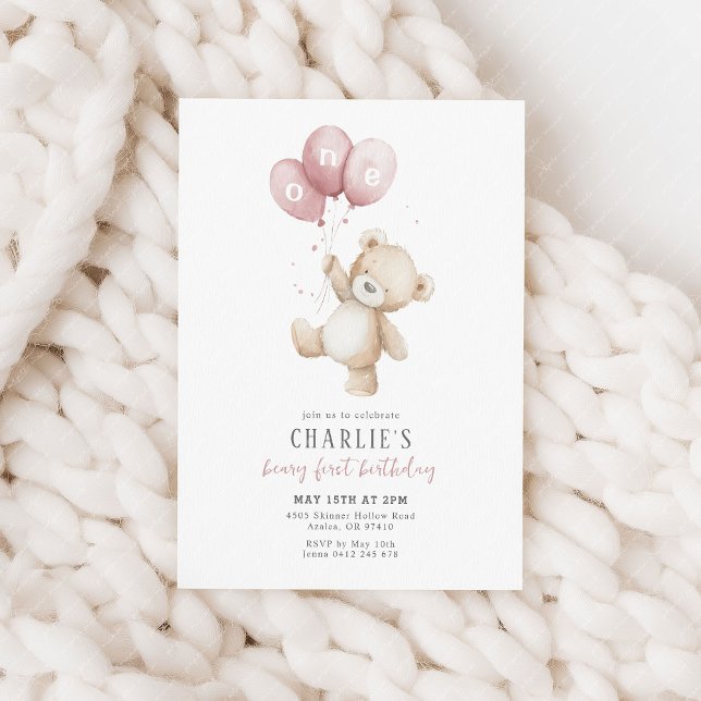 Convites Primeiro aniversario Beary First Pink Balloon Boy (Beary first birthday! Pink balloon and teddy bear 1st birthday party invitation)