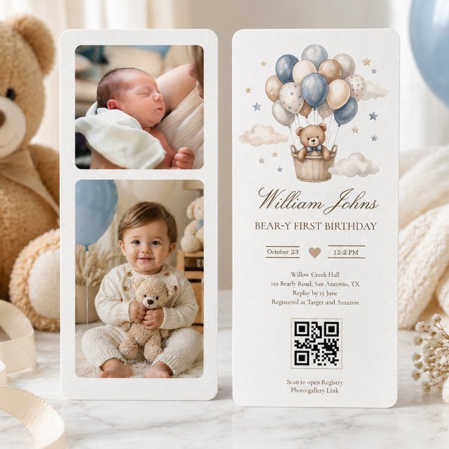 Convites Primeiro Aniversário Beary Urso Teddy Azul Dourado (Criador carregado)