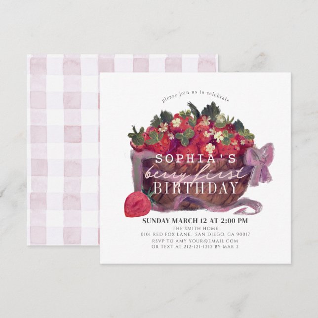Convites Primeiro aniversario Berry First Strawberry Basket (Frente/Verso)