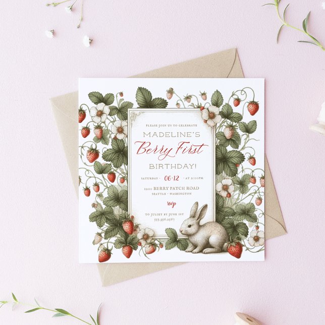 Convites Primeiro aniversario Berry First Vintage Strawberr (Berry first Birthday invitation. Vintage Strawberry and bunny square card design. )