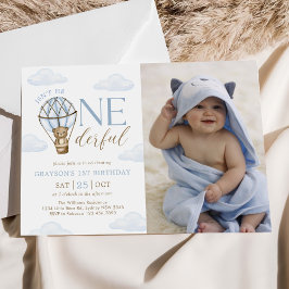 Convites Primeiro aniversario Blue Bear Hot Air Balloon Boy