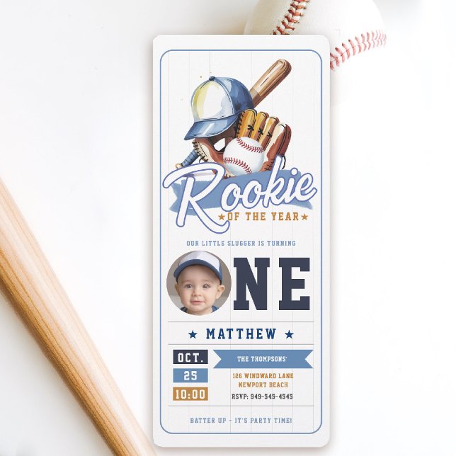 Convites Primeiro aniversario Blue Boy do Bilhete Rookie de (rookie of the year 1st birthday invite boy baseball theme sports ticket blue brown photo template)