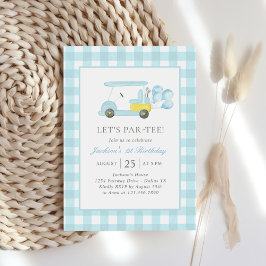 Convites Primeiro aniversario Blue Gingham Golf Boy