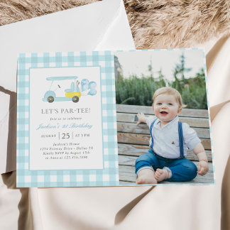 Convites Primeiro aniversario Blue Gingham Golf Boy