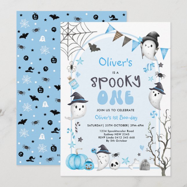 Convites Primeiro aniversario Blue Spooky One Ghost Boy (Frente/Verso)