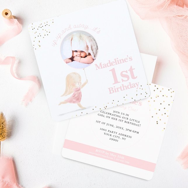 Convites Primeiro aniversario Blush Foto Dourada Rosa (Simple Cute Whimsical Bunny Rabbit Girls 1st birthday party invitation with pink balloons & confetti)