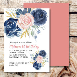 Convites Primeiro Aniversário Blush Pink Marinho Azul Foto