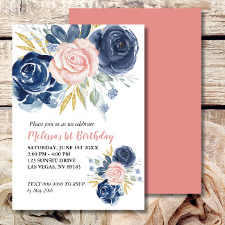 Convites Primeiro Aniversário Blush Pink Marinho Azul Foto 
