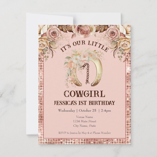 Convites Primeiro aniversario Boho Floral Pink Cowgirl (Frente)