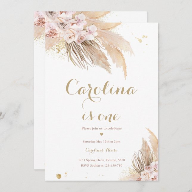 Convites Primeiro aniversario Boho Pampas Grass (Frente/Verso)