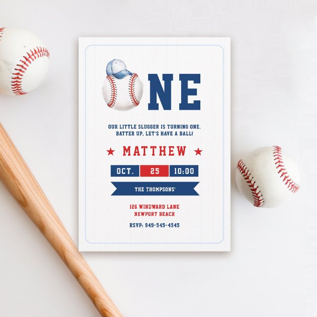 Convites Primeiro aniversario Boné de Bola de Baseball Azul (boy 1st birthday baseball theme invitation little slugger red white cute cap watercolor sports )