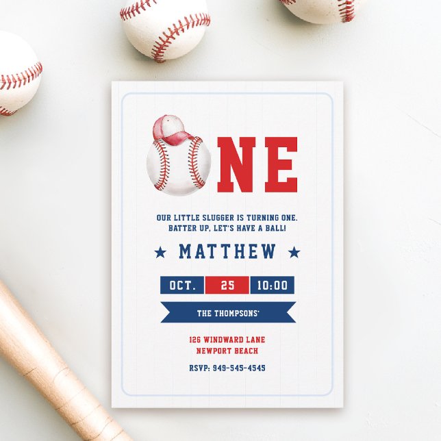 Convites Primeiro aniversario Boné de Bola de Baseball Blue (little slugger boy 1st birthday baseball theme invitation red white cute cap watercolor sports )