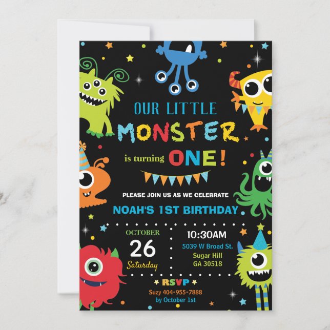 Convites primeiro aniversario Bonito De Menino Monstro Vibr (Frente)