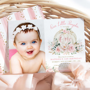 Convites primeiro aniversario bonito Pumpkin Blush Rosa Dou