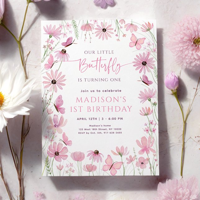 Convites Primeiro Aniversário Borboleta Floral Rosa (Criador carregado)