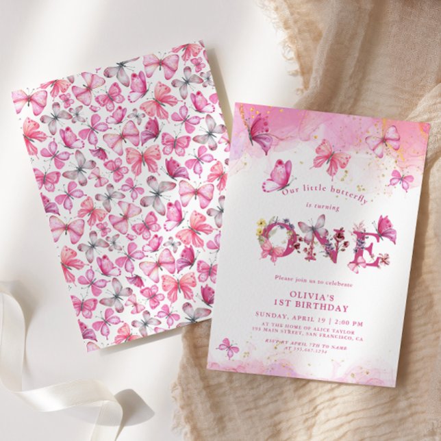 Convites Primeiro aniversario borboleta Menina Rosa Dourada (Criador carregado)