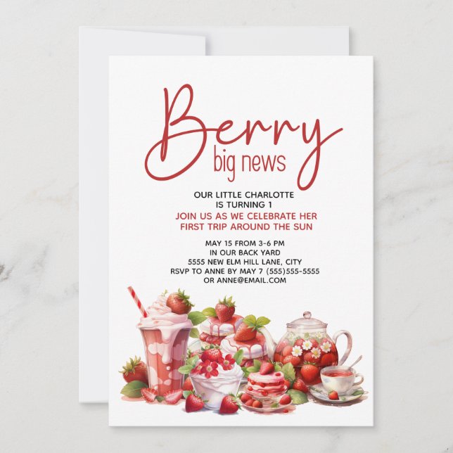 Convites Primeiro aniversario Branco de Berry Vermelho Cor- (Frente)