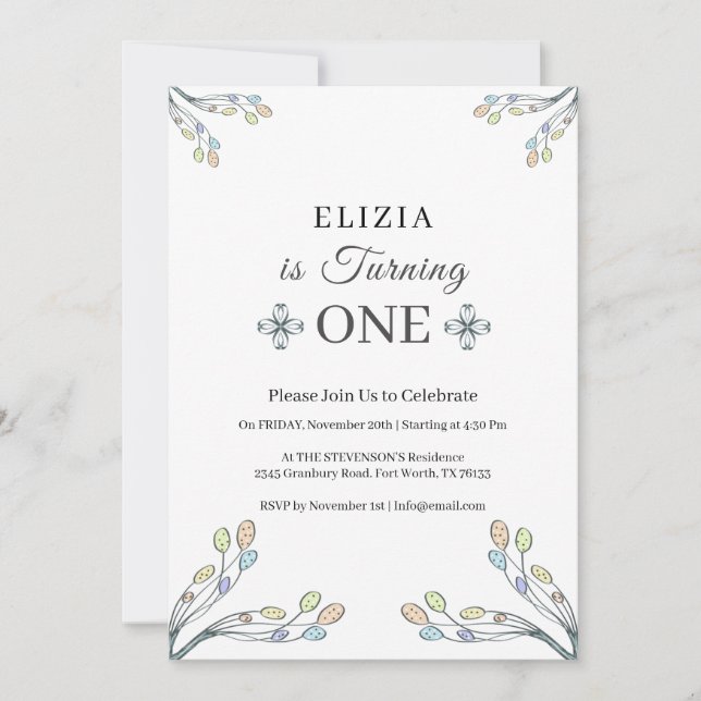 Convites Primeiro aniversario Branco Retro Floral (Frente)