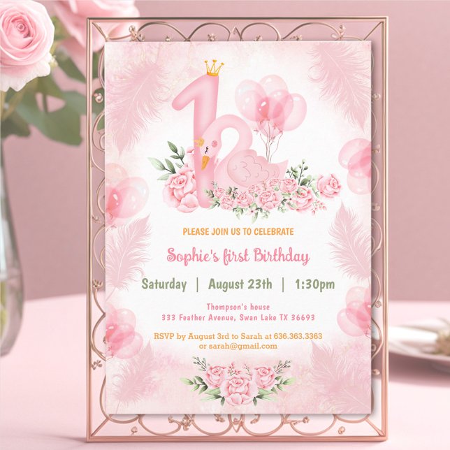 Convites Primeiro aniversario branco-rosa Rosa cor-de-rosa  (Swan Soft Floral Rose Pink White Girl 1st Birthday Invitation)