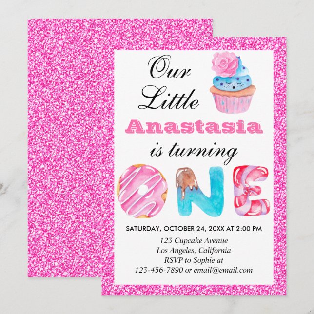 Convites Primeiro aniversario Brilhante Cor-de-Cupcake Rosa (Frente/Verso)