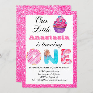 Convites Primeiro aniversario Brilhante Cor-de-Cupcake Rosa