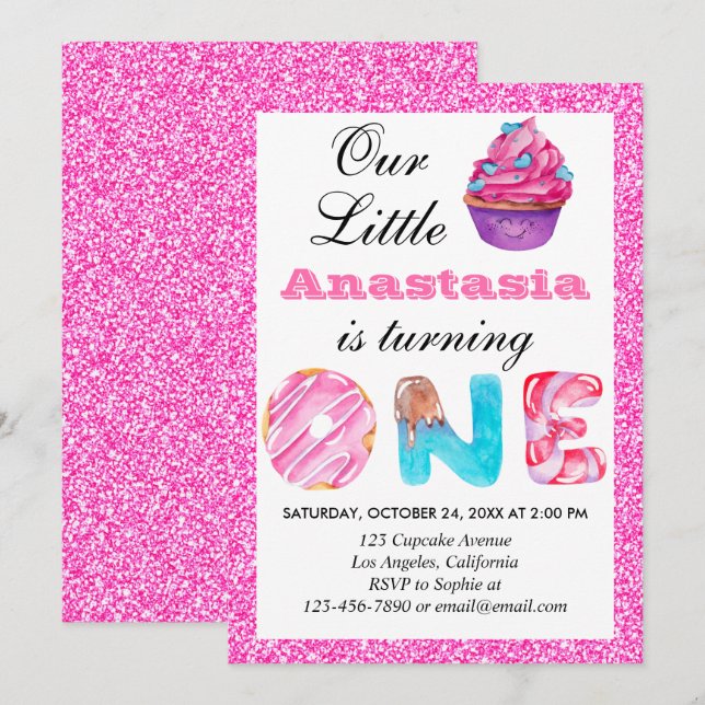 Convites Primeiro aniversario Brilhante Cor-de-Cupcake Rosa (Frente/Verso)