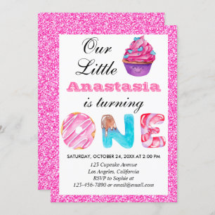 Convites Primeiro aniversario Brilhante Cor-de-Cupcake Rosa