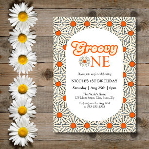 Convites Primeiro aniversario Brilhante de Groovy Daisy Flo