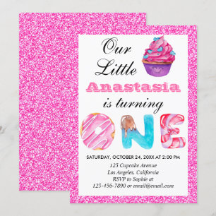 Convites primeiro aniversario Brilhante Rosa Rosa, Cupcake,