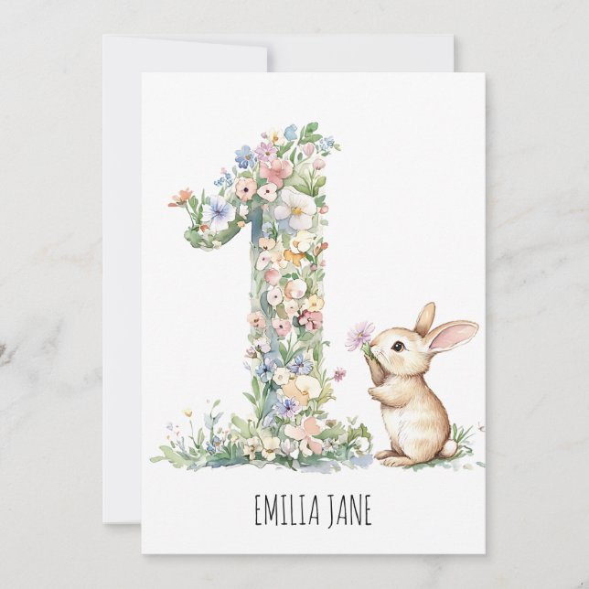 Convites Primeiro aniversario Bunny Floral Watercolor (Frente)