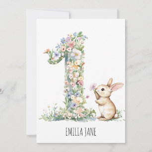 Convites Primeiro aniversario Bunny Floral Watercolor