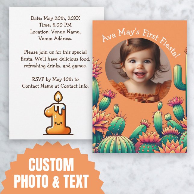 Convites Primeiro Aniversário Cactus Fiesta Foto Personaliz (First Fiesta Cactus Birthday Custom Photo Invitation)
