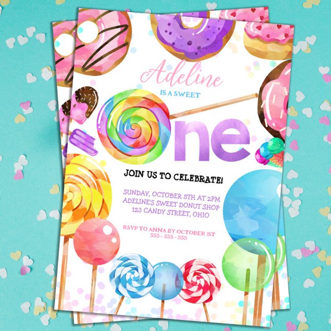 Convites primeiro aniversario Candyland Dourada Doces (Sweet One Birthday Candy Invitation!)