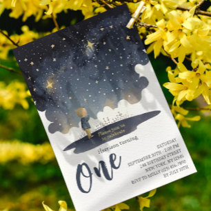 Convites primeiro aniversario Celestial Stars Watercolor Bo