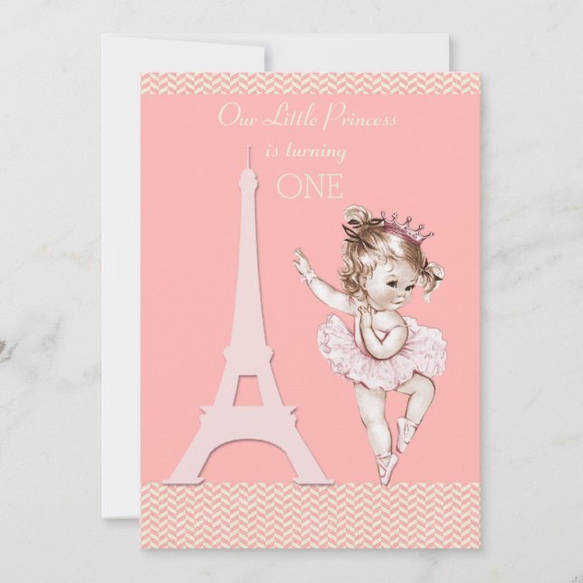 Convites Primeiro aniversario Chic Ballerina Eiffel Tower C (Frente)
