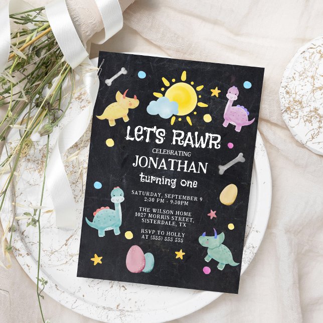 Convites Primeiro aniversario Colorido de Painéis Dinossaur (Criador carregado)