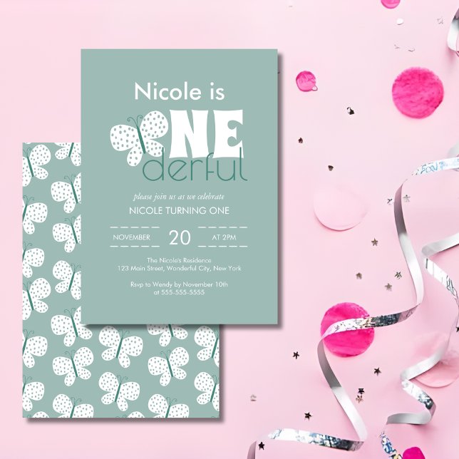 Convites Primeiro aniversario com borboleta retroativa azul (Criador carregado)