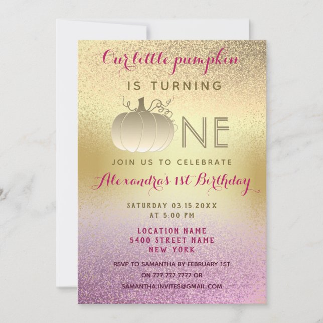 Convites primeiro aniversario Cor-de-rosa Dourado Nossa Peq (Frente)