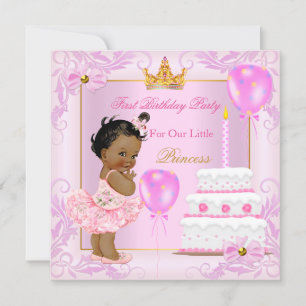 Convites Primeiro Aniversário Coroa de Princesa Menina Rosa