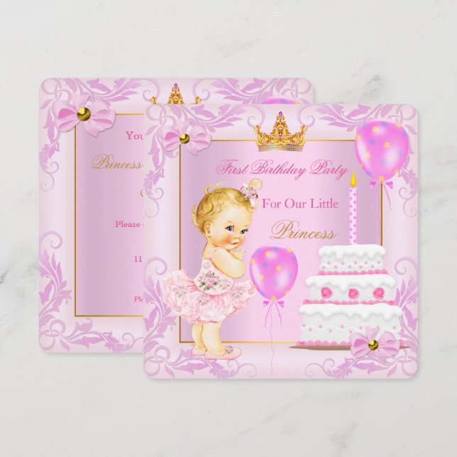 Convites Primeiro Aniversário Coroa de Princesa Menina Rosa (Frente/Verso)