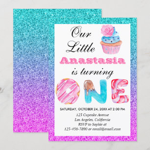 Convites primeiro aniversario Cupcake Azul Roxo Brilhante  