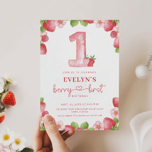 Convites Primeiro Aniversário da Berry Rosa Aquarela 1º Ani