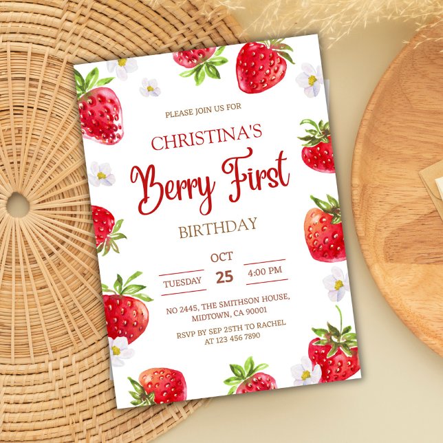 Convites Primeiro aniversário da Berry rosa morango menina  (Criador carregado)