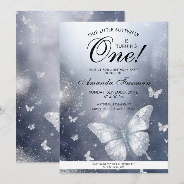 Convites Primeiro aniversario da Borboleta Glitter Silver d (Frente/Verso)