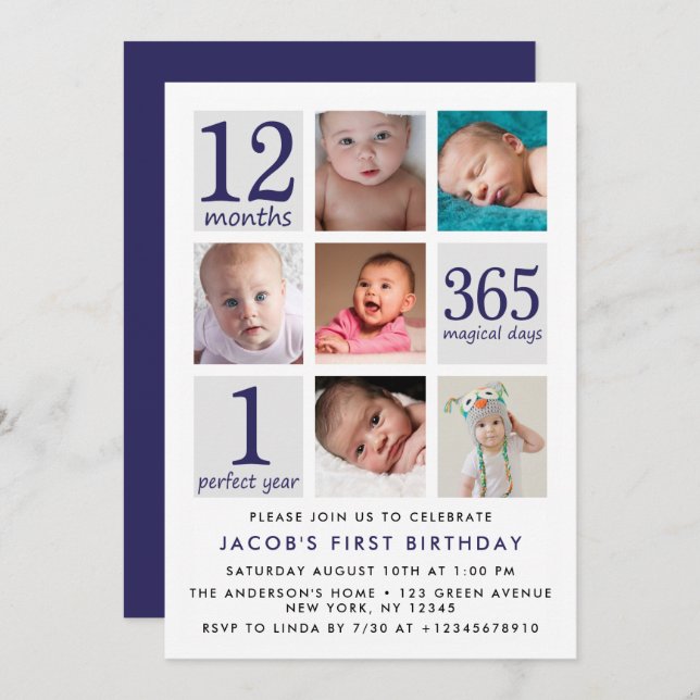 Convites Primeiro aniversário da colagem moderna da foto (Frente/Verso)