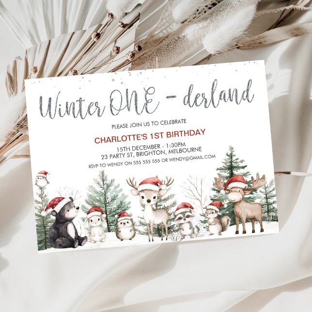 Convites Primeiro aniversario da Floresta Ocidental (Winter Onederland 1st Birthday Invitation, Woodland Animals, Christmas Season First Birthday Invite)