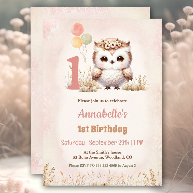 Convites Primeiro aniversario da Garota do Boho da Coruja (Cute Owl Woodland Boho Girl 1st Birthday Invitation)