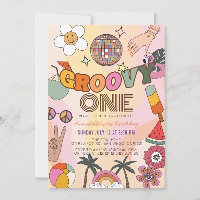 Convites Primeiro aniversario da Groovy One Retro Girl (Frente)