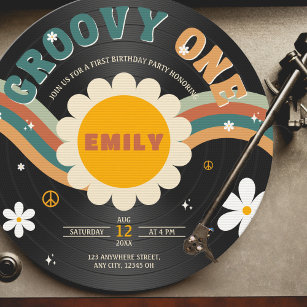 Convites Primeiro aniversario da Groovy One Retro Vinyl Rec